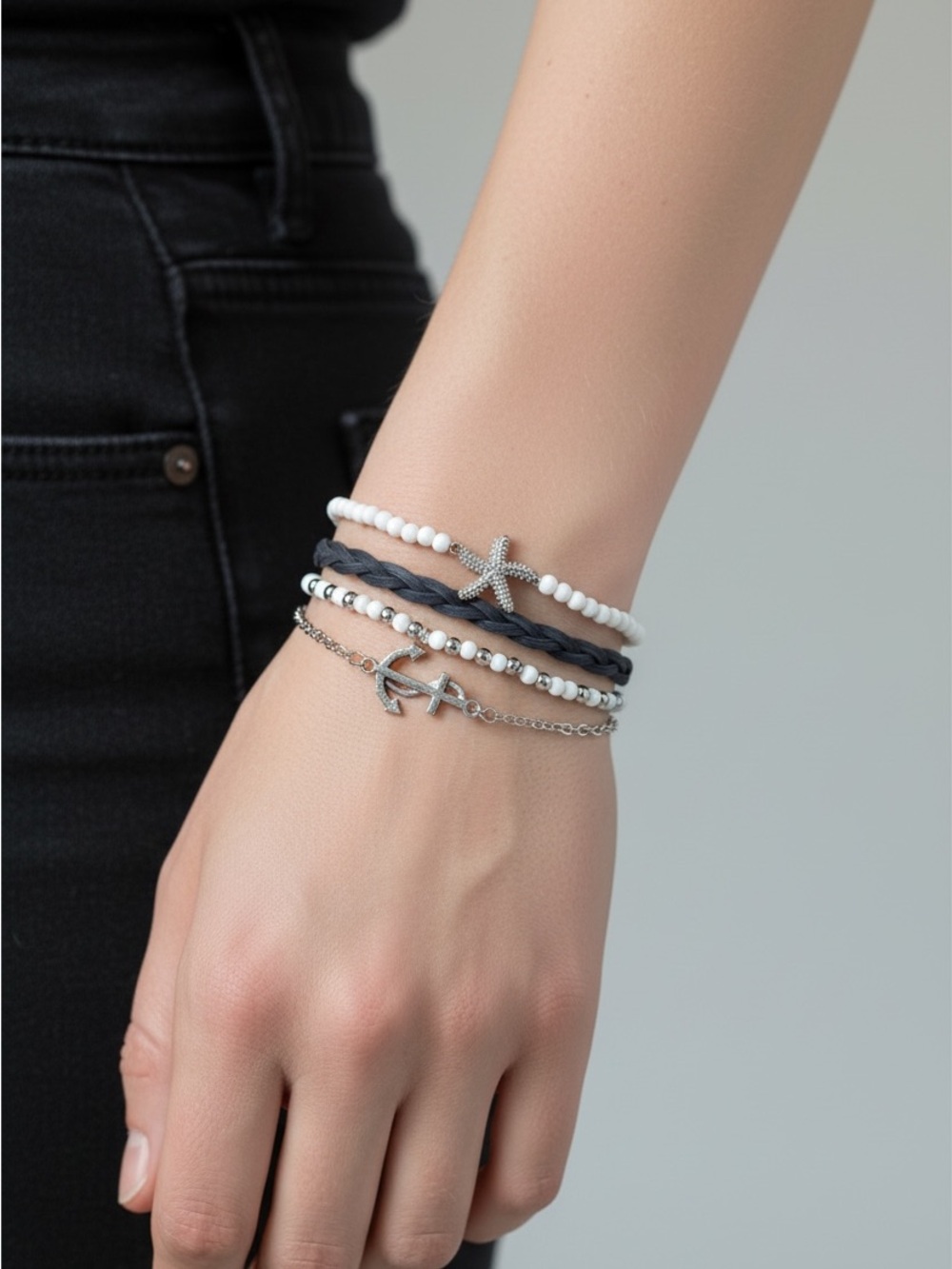 10/14 Silver Anchor & Starfish Multi-Strand White and Black Bracelet Set